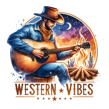 Un vaquero toca la guitarra junto a una fogata bajo un cielo estrellado, encarnando el espíritu de "Western Vibes".