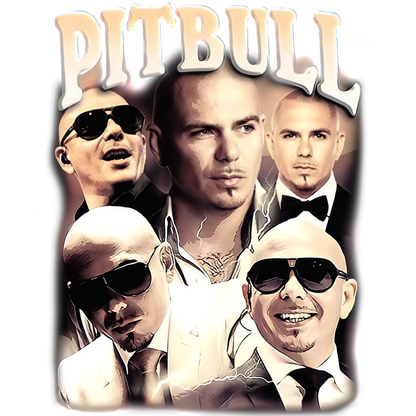 A vibrant graphic featuring multiple stylized images of the artist Pitbull, showcasing various poses and expressions.DTF Transfers heat press transfers