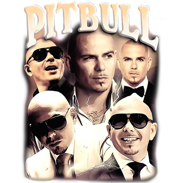 A vibrant graphic collage featuring multiple images of a man, prominently displaying the name "Pitbull" in bold letters.DTF Transfers dtf transfers dtf transfers