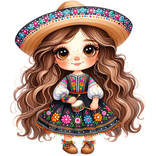 A playful cartoon girl in a colorful traditional dress and sombrero, holding a small drum, radiating cheerful vibes. heat press transfers