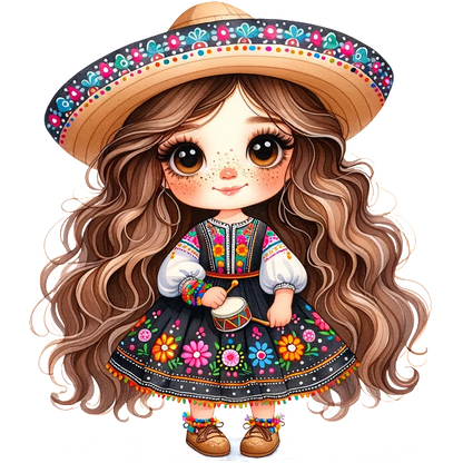 A playful cartoon girl in a colorful traditional dress and sombrero, holding a small drum, radiating cheerful vibes. heat press transfers