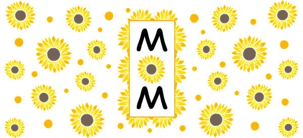 A vibrant sunflower pattern featuring various sizes of bright yellow flowers surrounding a central rectangular frame, perfect for a cheerful design.UV Transfersdtf regular iron