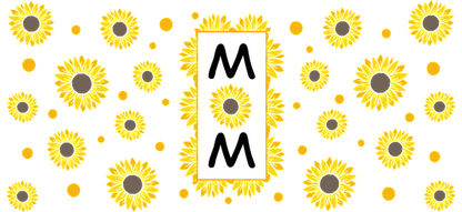 A vibrant sunflower pattern featuring various sizes of bright yellow flowers surrounding a central rectangular frame, perfect for a cheerful design.UV Transfersdtf regular iron