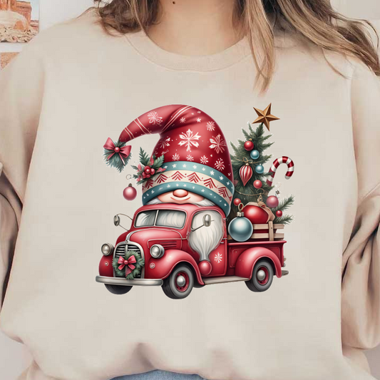 A whimsical vintage red truck featuring a cheerful Santa, adorned with festive decorations like ornaments and a Christmas tree.DTF Transfers dtf prints