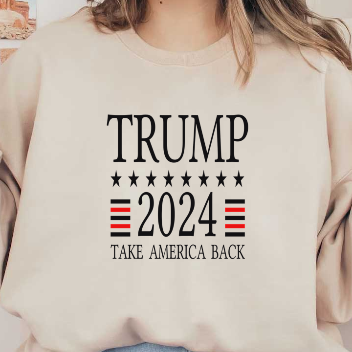 Apoye la campaña con este audaz logotipo "Trump 2024" que presenta estrellas y rayas y alienta a "Recuperar a Estados Unidos".