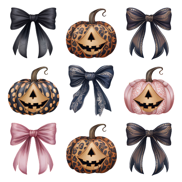 Una divertida colección de calabazas y lazos con temática de Halloween, con diseños únicos como estampado de leopardo y colores elegantes.