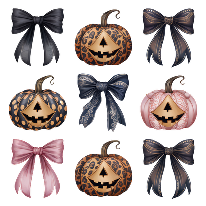 Una divertida colección de calabazas y lazos con temática de Halloween, con diseños únicos como estampado de leopardo y colores elegantes.