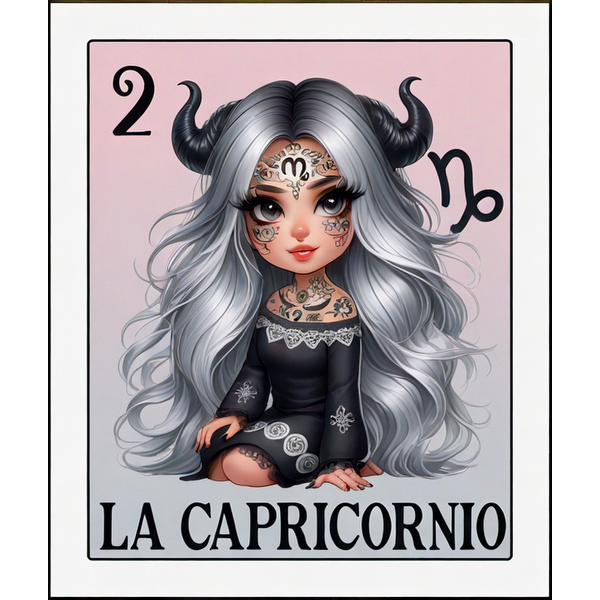 Una ilustración caprichosa de un personaje con cabello plateado y cuernos, adornado con tatuajes, que encarna el signo zodiacal de Capricornio.