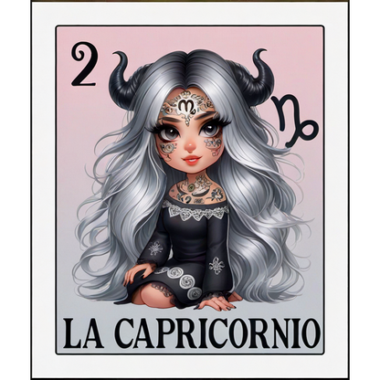 Una ilustración caprichosa de un personaje con cabello plateado y cuernos, adornado con tatuajes, que encarna el signo zodiacal de Capricornio.