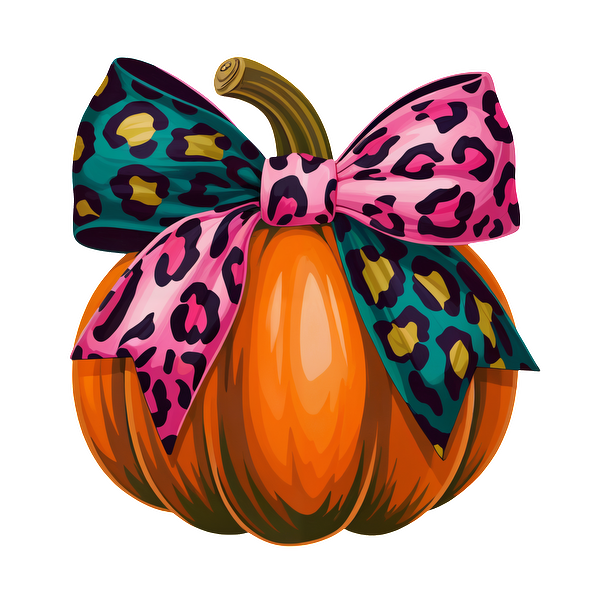 Una calabaza de color naranja vibrante adornada con un elegante lazo con estampado de leopardo rosa y verde azulado, perfecto para una estética otoñal divertida.