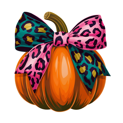 Una calabaza de color naranja vibrante adornada con un elegante lazo con estampado de leopardo rosa y verde azulado, perfecto para una estética otoñal divertida.