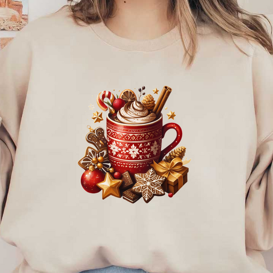 A festive red mug brimming with whipped cream, chocolate, and holiday treats, surrounded by cookies, ornaments, and gifts.dtf regular iron