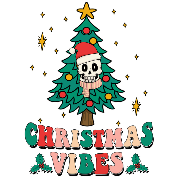 A playful illustration featuring a Christmas tree with a skull wearing a Santa hat, highlighted by colorful ornaments and festive text.dtf regular iron