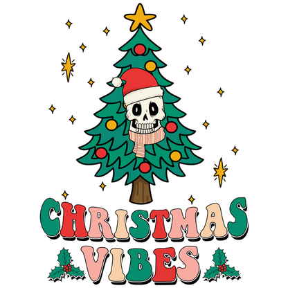 A playful illustration featuring a Christmas tree with a skull wearing a Santa hat, highlighted by colorful ornaments and festive text.dtf regular iron