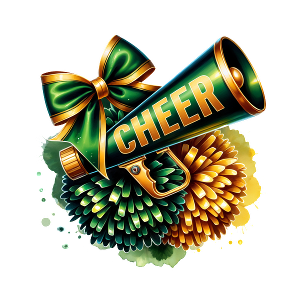 Un megáfono verde vibrante con la palabra "CHEER" impresa, acentuada por un lazo brillante y pompones coloridos, ¡perfecta para porristas! Transferencias DTF