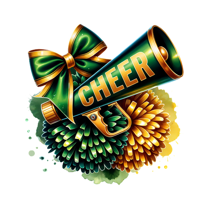 Un megáfono verde vibrante con la palabra "CHEER" impresa, acentuada por un lazo brillante y pompones coloridos, ¡perfecta para porristas! Transferencias DTF