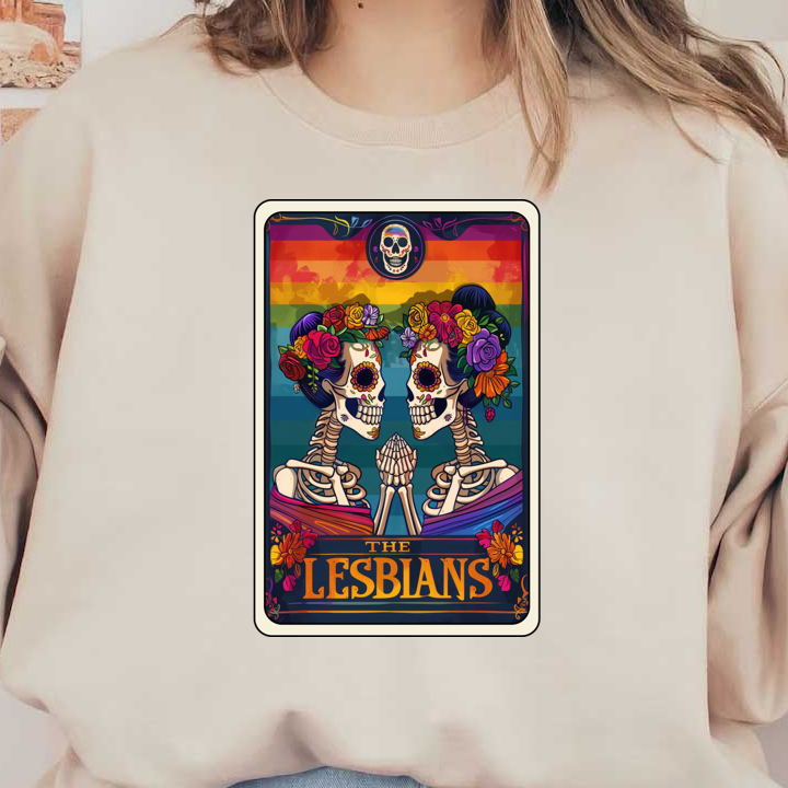 Una ilustración vibrante y artística que representa dos esqueletos adornados con flores y un fondo de arco iris, celebrando el amor y la identidad.