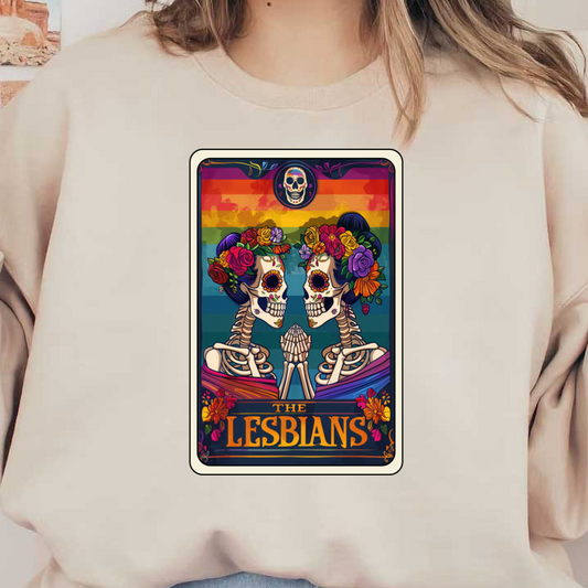 Una ilustración vibrante y artística que representa dos esqueletos adornados con flores y un fondo de arco iris, celebrando el amor y la identidad.