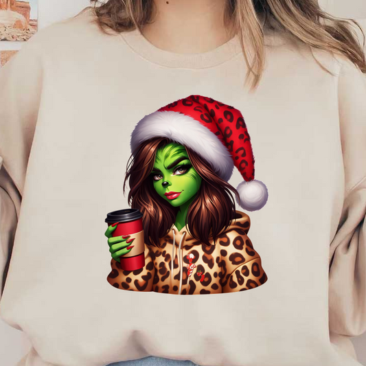 A festive character with green skin, wearing a red-patterned Santa hat and leopard print hoodie, holding a coffee cup.DTF Transfers dtf transfers