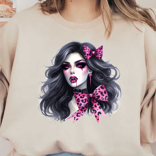 Esta llamativa ilustración presenta a una mujer vampírica con cabello largo y oscuro, maquillaje dramático y un lazo con estampado de leopardo rosa.