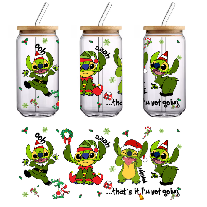 A festive collection of Stitch characters dressed in joyful holiday outfits, showcasing their playful spirit with fun seasonal accessories.UV Transfersdtf regular iron