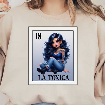 Un personaje animado y elegante, con cabello largo y negro, tatuajes y un atuendo moderno llamado "LA TOXICA", que irradia confianza.