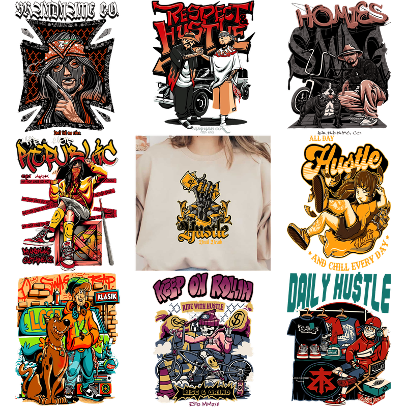 Graphic T-shirt featuring a stylized logo with a unique design.DTF Transfers