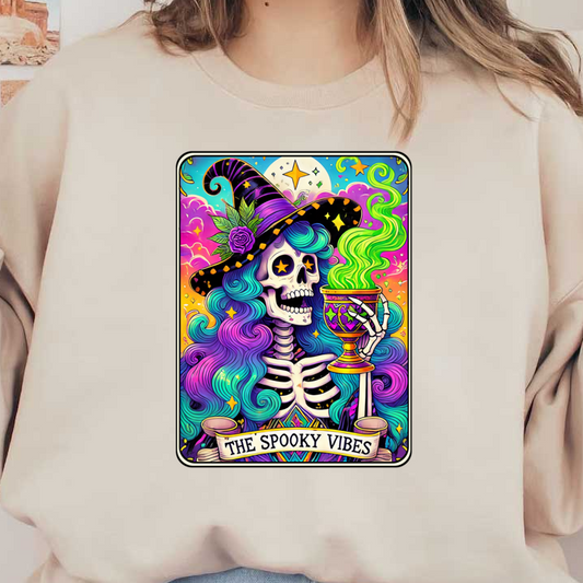 Una ilustración vibrante de estilo de dibujos animados que presenta una bruja esqueleto con cabello colorido, sosteniendo una poción, rodeada de nubes y estrellas caprichosas.