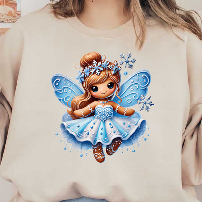 A charming blue fairy with sparkling wings and a beautiful dress, adorned with snowflakes and intricate details.DTF Transfers heat press transfers