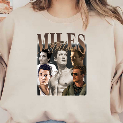 A dynamic collage featuring multiple images of Miles Teller, showcasing his evolution as an actor and various iconic roles.DTF Transfers heat press transfers