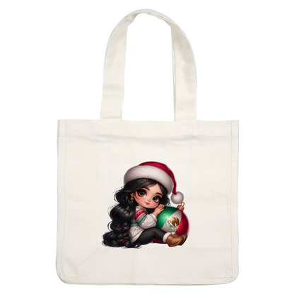 A charming girl in a festive sweater and Santa hat holds a vibrant ornament featuring the Mexican flag, celebrating the holiday spirit.DTF Transfers heat press transfers