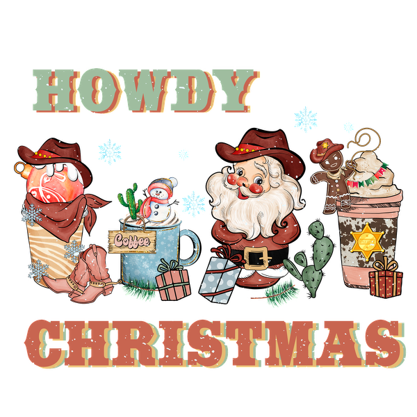 ¡Celebre la temporada festiva con un encantador diseño "Howdy Christmas" que presenta a Papá Noel y golosinas navideñas en una divertida temática de vaqueros!