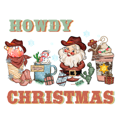 ¡Celebre la temporada festiva con un encantador diseño "Howdy Christmas" que presenta a Papá Noel y golosinas navideñas en una divertida temática de vaqueros!