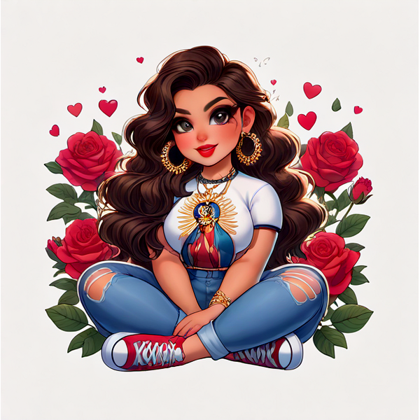 Una vibrante ilustración digital de una niña con cabello rizado que viste una camiseta estampada, jeans y está rodeada de rosas rojas.