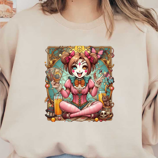 A whimsical, cartoon-style illustration of a cheerful girl in pink attire, surrounded by tarot cards, butterflies, and playful elements. dtf prints