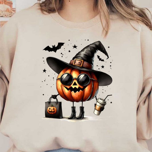 A stylish pumpkin character wears a witch's hat and sunglasses, holding a coffee and a Halloween-themed bag. heat press transfers