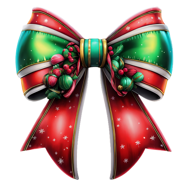 This vibrant Christmas bow features striking red and green colors, adorned with festive ornaments and a cheerful design.