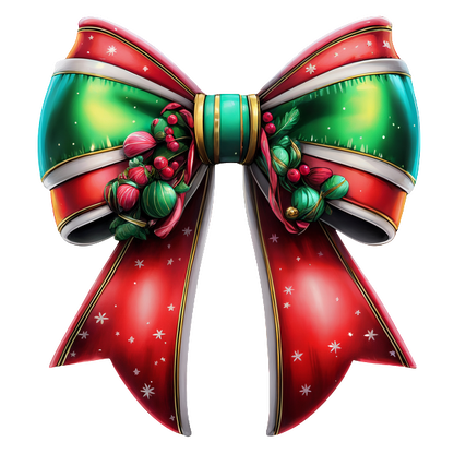 This vibrant Christmas bow features striking red and green colors, adorned with festive ornaments and a cheerful design.