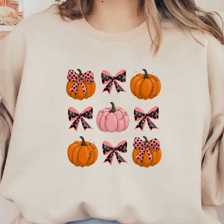 Una divertida variedad de calabazas en naranja y rosa, cada una adornada con elegantes lazos de lunares negros y rosados. ¡Perfectas para el otoño!