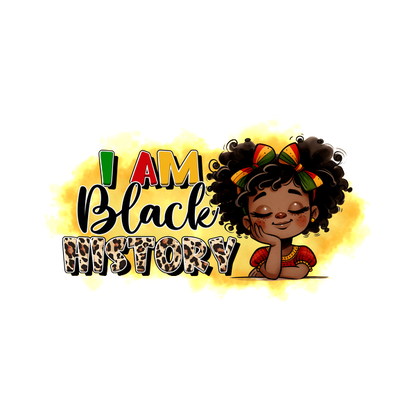 A vibrant illustration featuring a joyful child with curly hair, showcasing the message "I AM Black History" with colorful accents. dtf prints