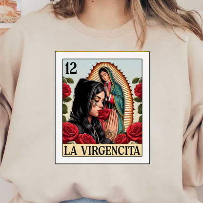 Una ilustración vibrante que presenta a una mujer con una sudadera con capucha negra, rosas y la Virgen de Guadalupe, con la etiqueta "La Virgencita".