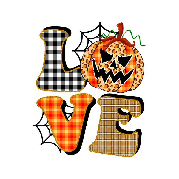 A festive Halloween-themed design featuring colorful, playful letters spelling "LOVE" alongside a pumpkin with a spooky face. dtf prints