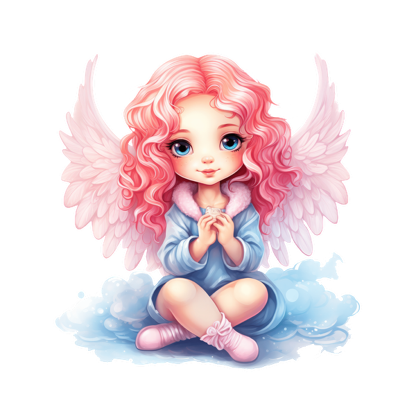 Un encantador ángel de dibujos animados con cabello rosado rizado, alas blancas y un acogedor traje azul se sienta sobre nubes esponjosas.