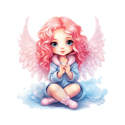 Un encantador ángel de dibujos animados con cabello rosado rizado, alas blancas y un acogedor traje azul se sienta sobre nubes esponjosas.