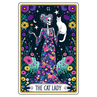 Una ilustración vibrante de una mujer esqueleto con un vestido floral, sosteniendo flores y acompañada de un gato blanco, titulada "La dama de los gatos".