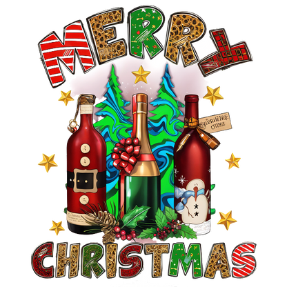 Festive illustration featuring three creatively decorated bottles with a "Merry Christmas" message and holiday-themed elements. dtf prints