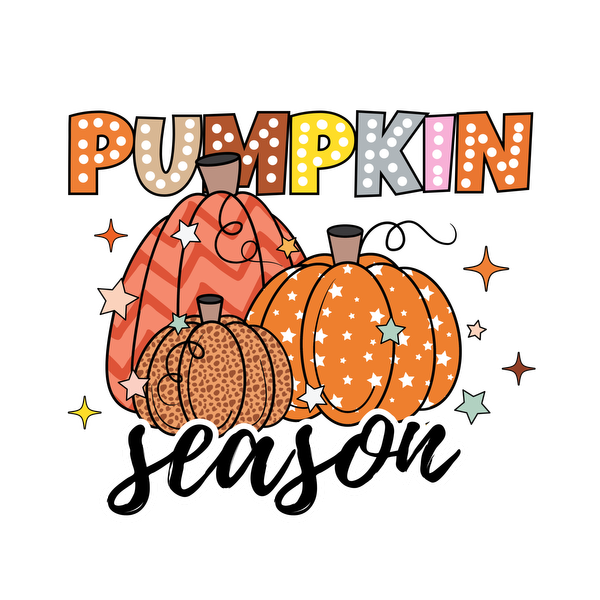 Celebrate "Pumpkin Season" with a whimsical design featuring colorful pumpkins adorned with stars and a playful typography style! heat press transfers