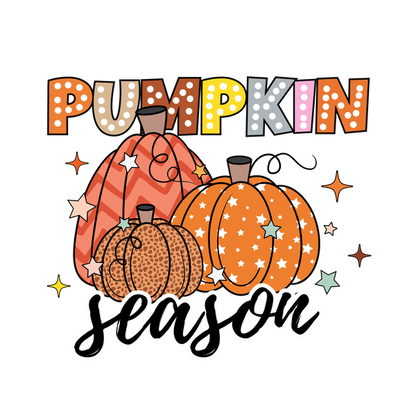 Celebrate "Pumpkin Season" with a whimsical design featuring colorful pumpkins adorned with stars and a playful typography style! heat press transfers