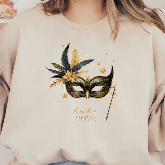 Celebrate New Year 2025 with this elegant black mask adorned with gold feathers and floral accents for a festive touch!DTF Transfers