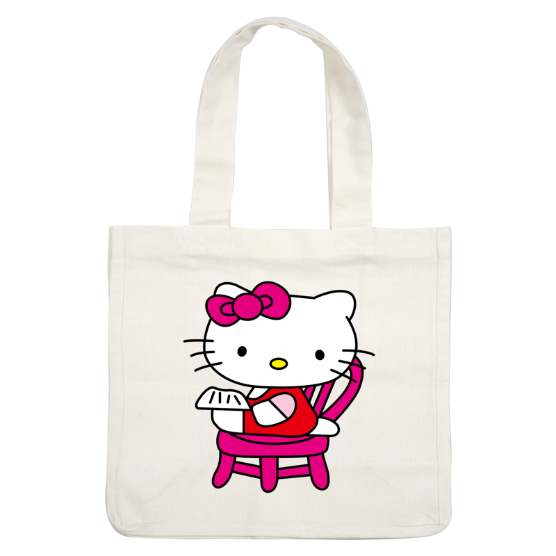 Hello Kitty is seated on a vibrant pink chair, holding a piece of paper and wearing her signature red dress and pink bow.DTF Transfers